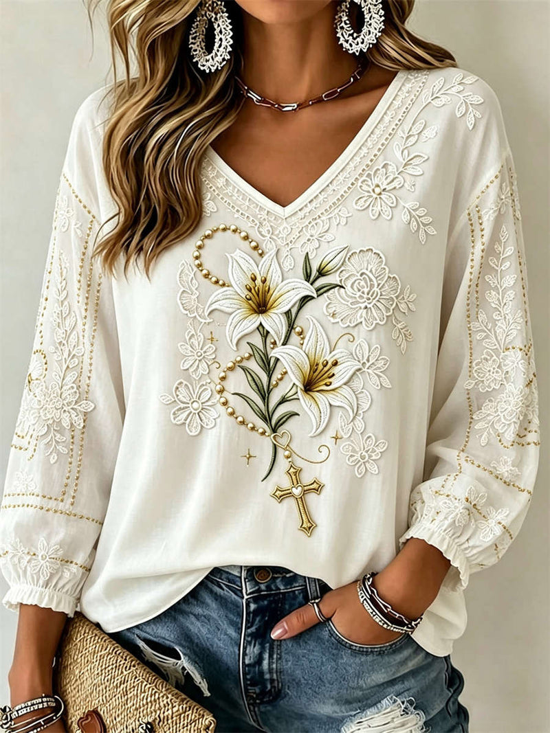 Women's White Lily Cross Floral Print V Neck Long Sleeve Blouse