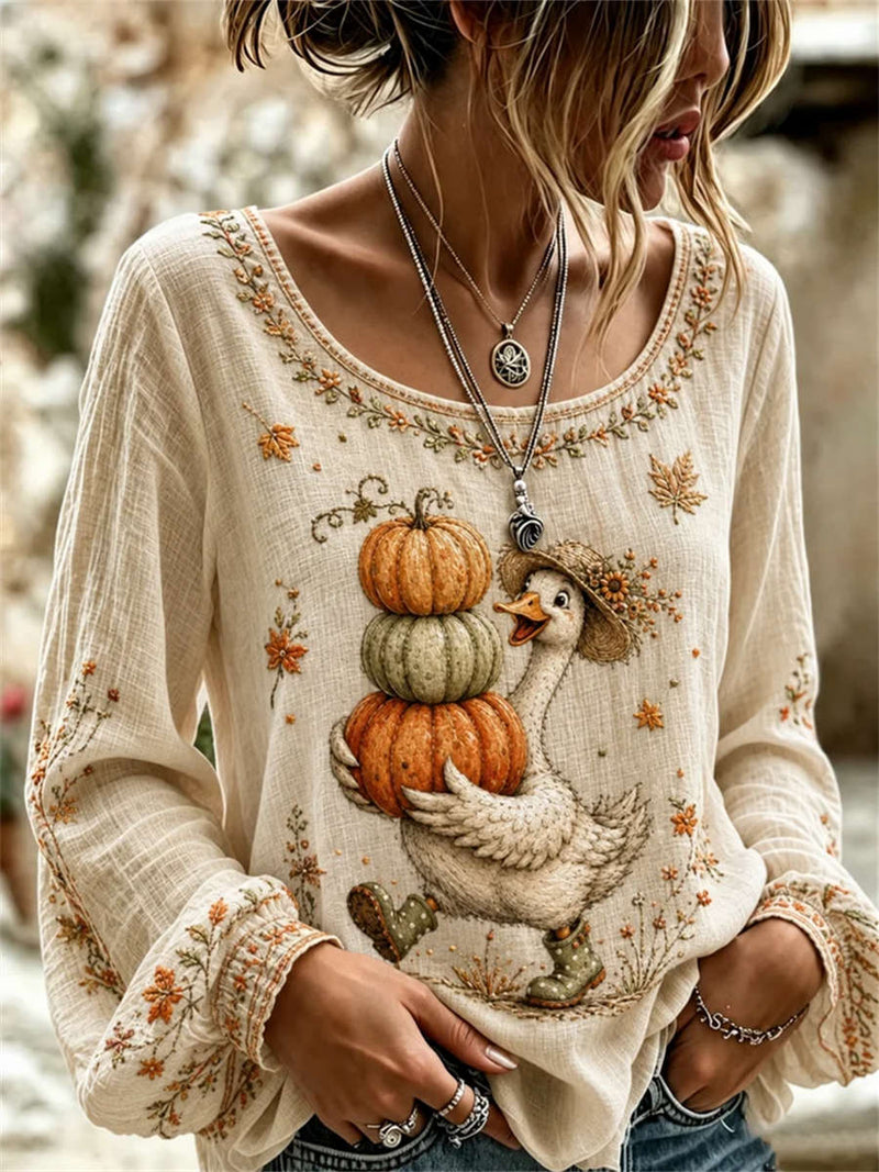 Women's Halloween Beige Duck Pumpkin Print Scoop Neck Long Sleeve Blouse