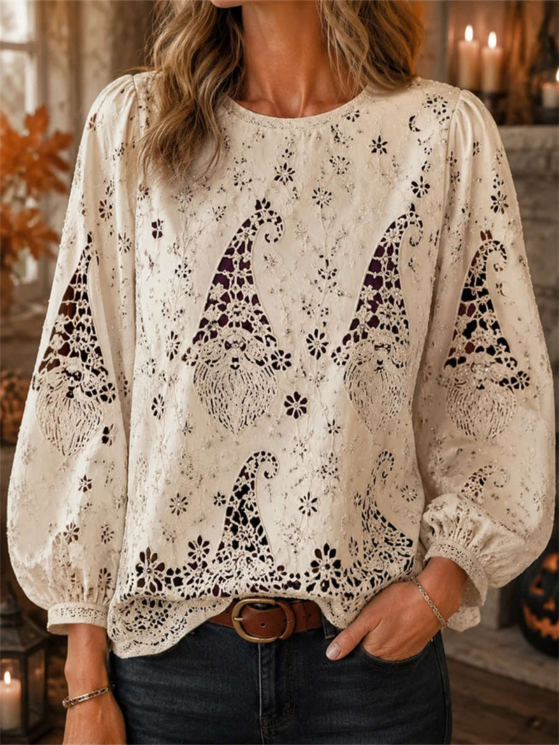 Women's Halloween Off White Gnome Floral Hollow‑Out Print Round Neck Long Sleeve Blouse