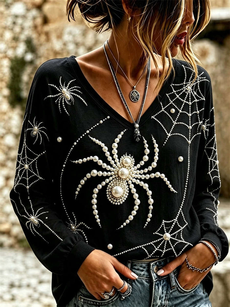 Women's Halloween Black Spider Web Pearl Print V Neck Long Sleeve Blouse