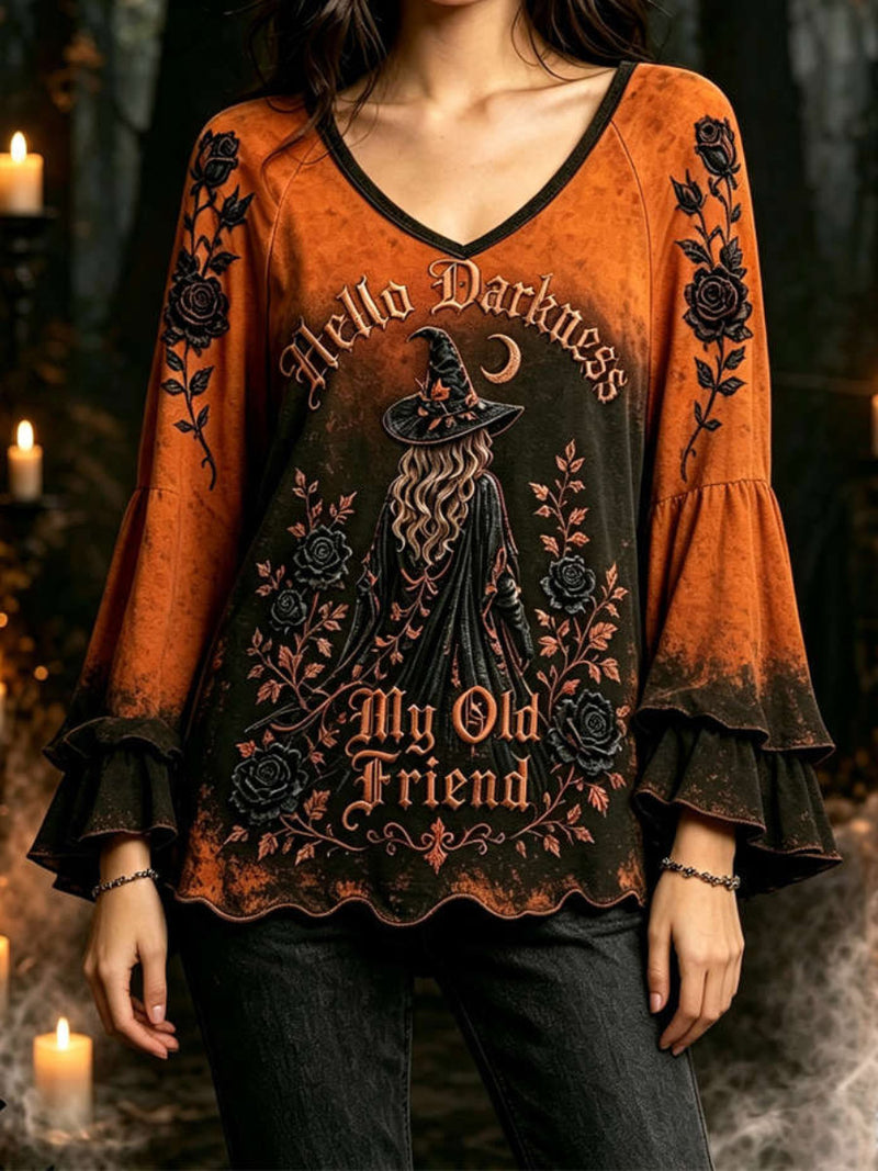 Women's Halloween Orange Black Witch Rose Letter Print V Neck Ruffle Long Sleeve Blouse