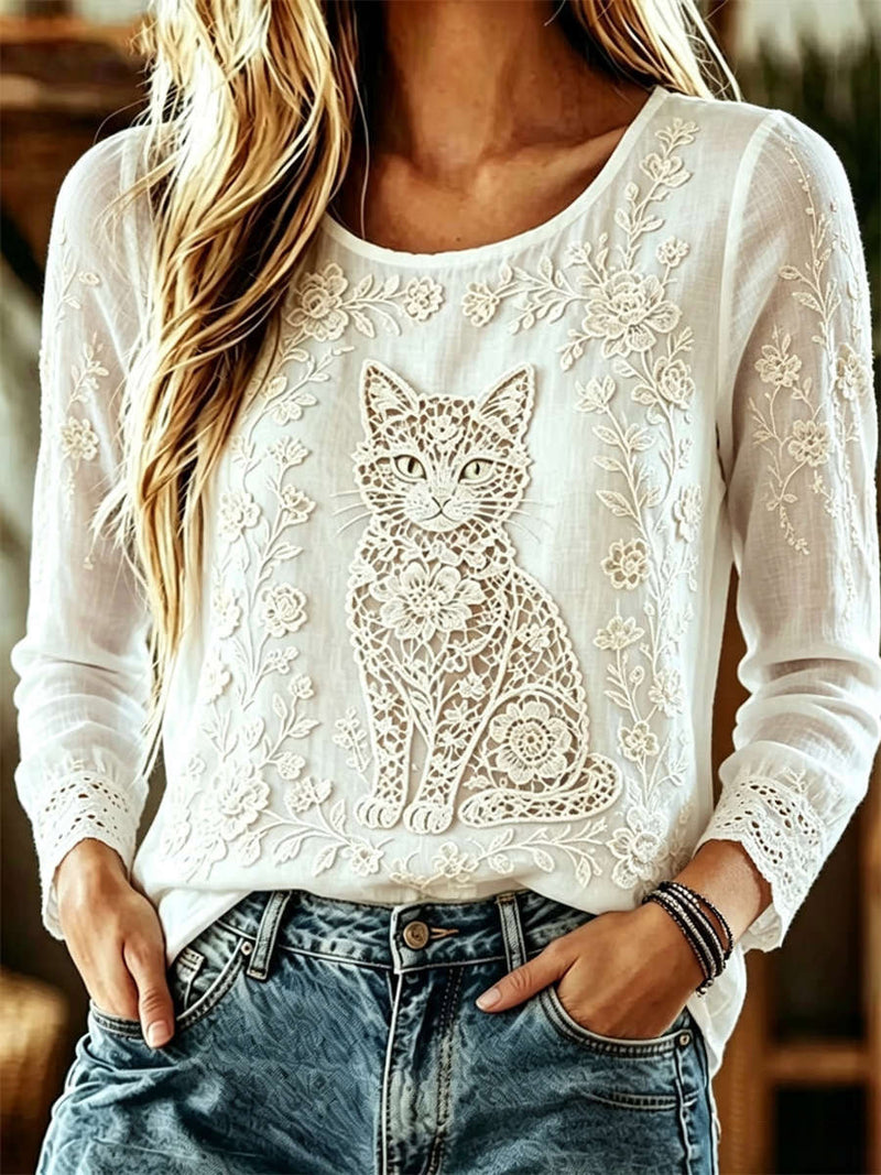Women's White Cat Floral Hollow‑Out Print Round Neck Long Sleeve Blouse