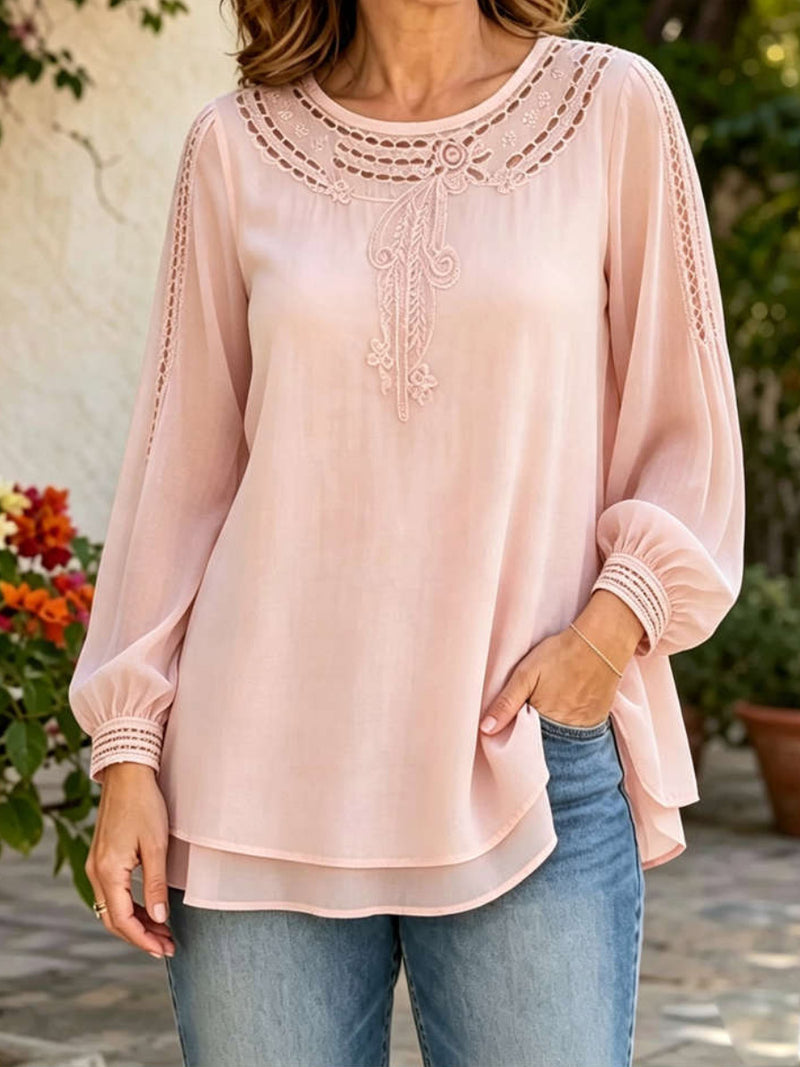 Women's Light Pink Floral Hollow‑Out Print Round Neck Long Sleeve Blouse