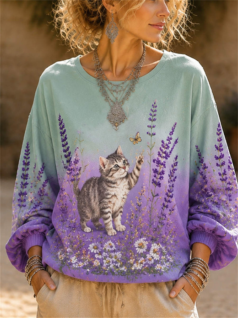 Women's Green Purple Gradient Cat Lavender Print Round Neck Long Sleeve Blouse