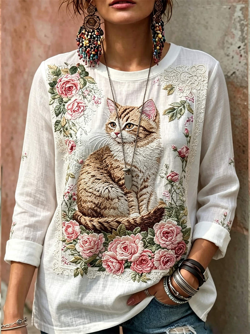 Women's White Cat Rose Floral Lace Print Round Neck Long Sleeve Blouse