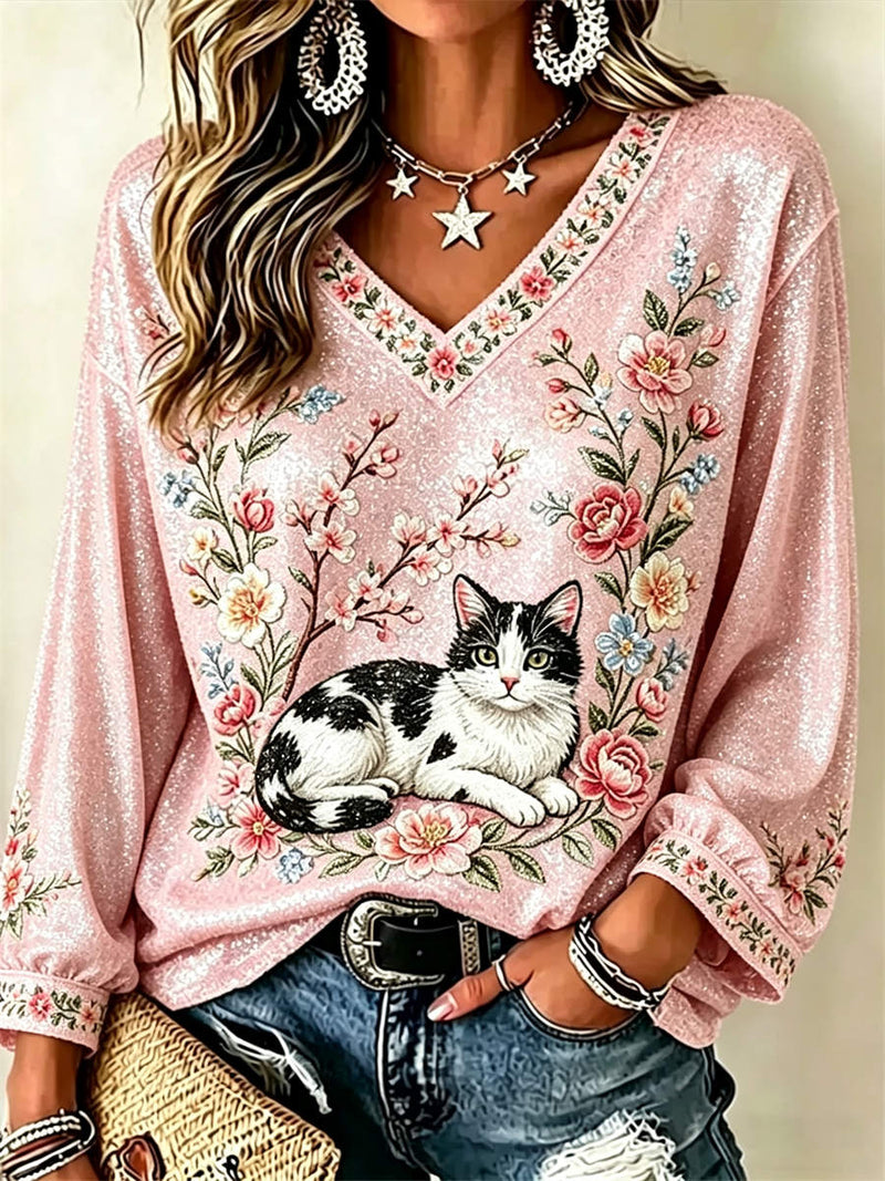 Women's Pink Cat Floral Print V Neck Long Sleeve Blouse