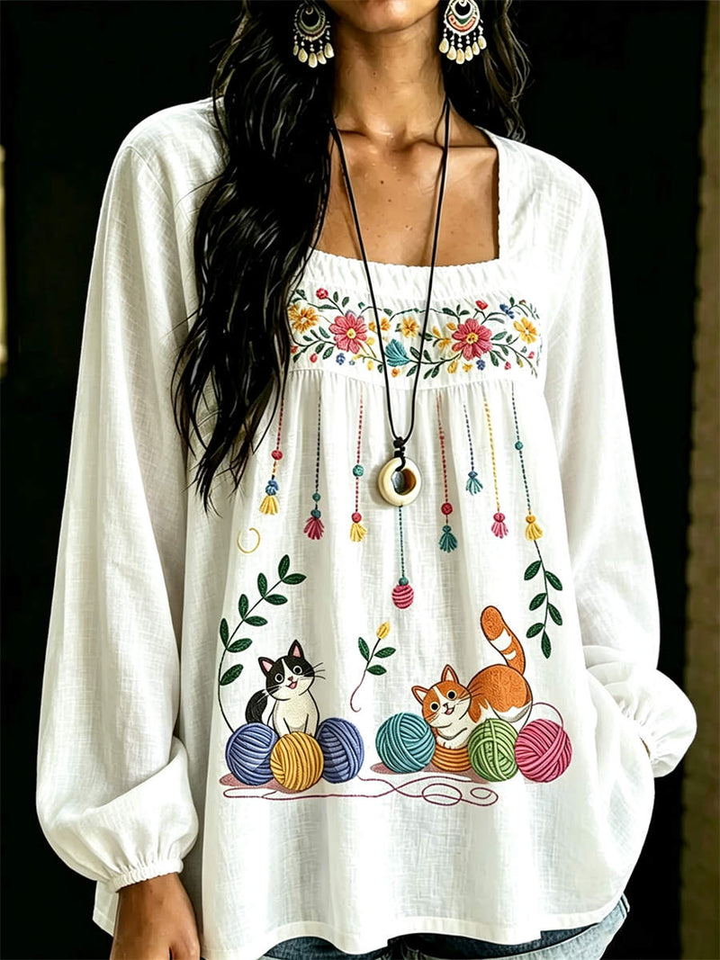 Women's White Cat Yarn Ball Floral Print Square Neck Long Sleeve Blouse