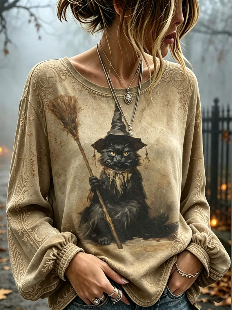 Women's Halloween Khaki Witch Cat Broom Print Round Neck Long Sleeve Top