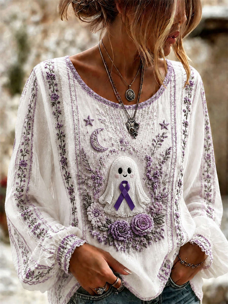 Women's Halloween White Ghost Floral Print Round Neck Long Sleeve Blouse