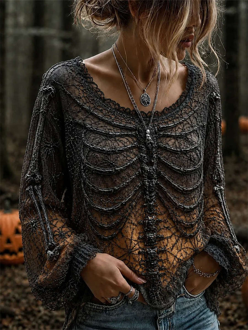 Women's Halloween Black Skeleton Lace Splicing Round Neck Long Sleeve Blouse