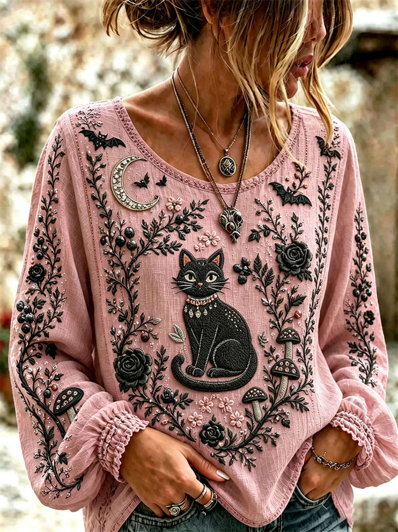 Women's Halloween Pink Black Cat Floral Mushroom Print Round Neck Long Sleeve Blouse