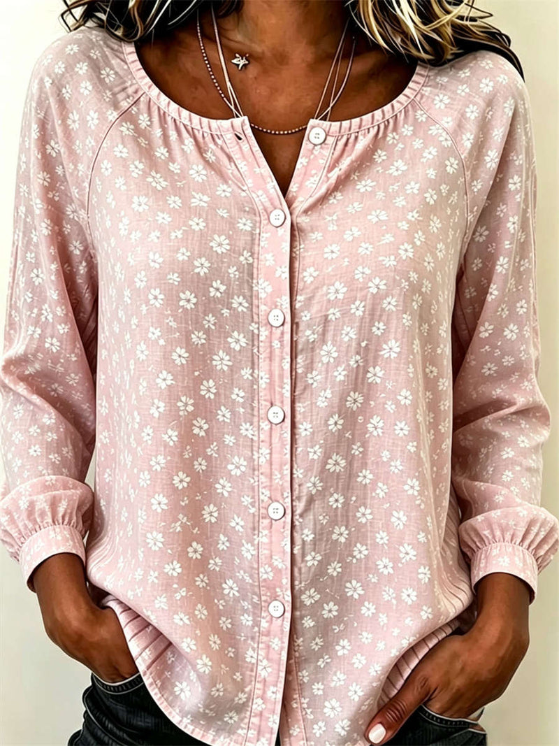 Women's Pink Ditsy Floral Print Notch Neck Long Sleeve Blouse