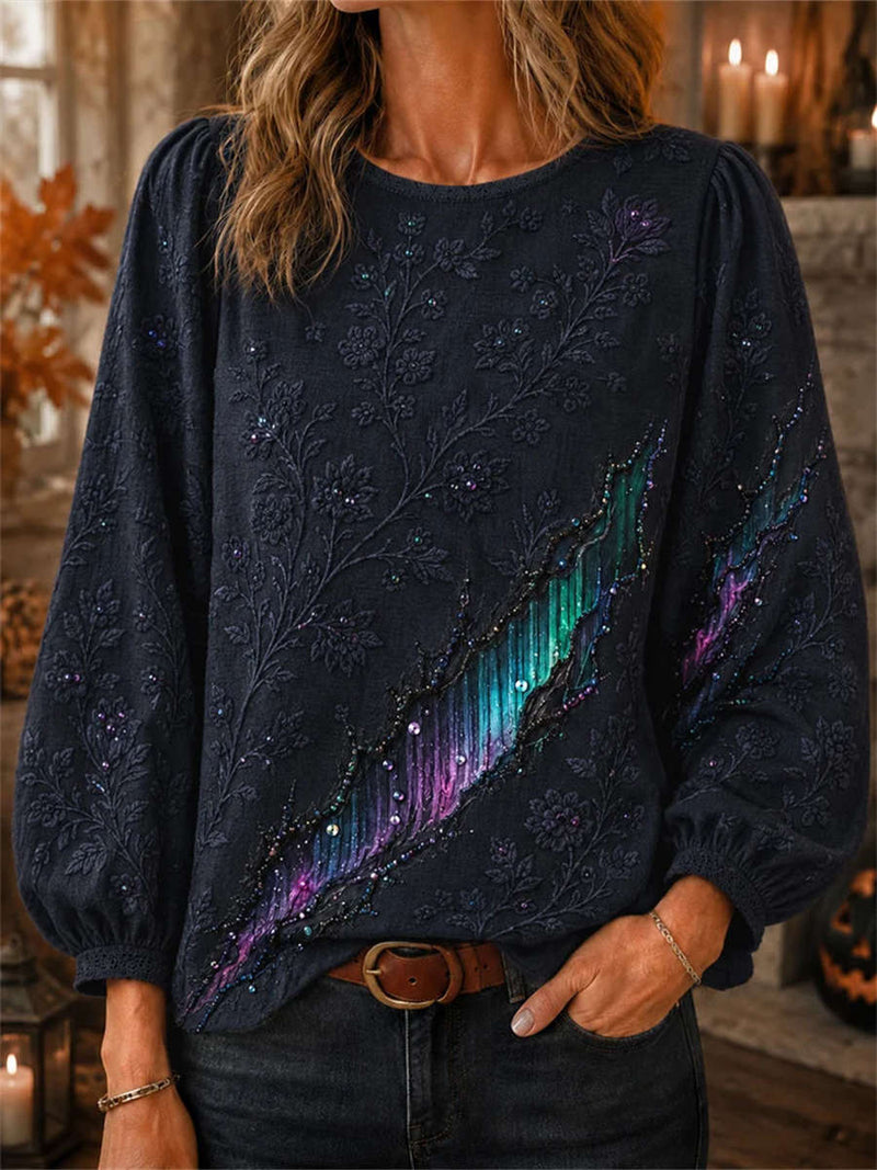 Women's Navy Aurora Floral Print Round Neck Long Sleeve Blouse