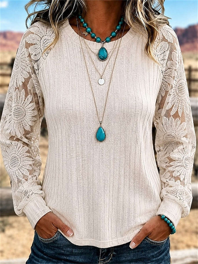Women's Apricot Sunflower Lace Splicing Raglan Round Neck Long Sleeve Top