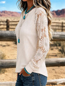 Women's Apricot Sunflower Lace Splicing Raglan Round Neck Long Sleeve Top