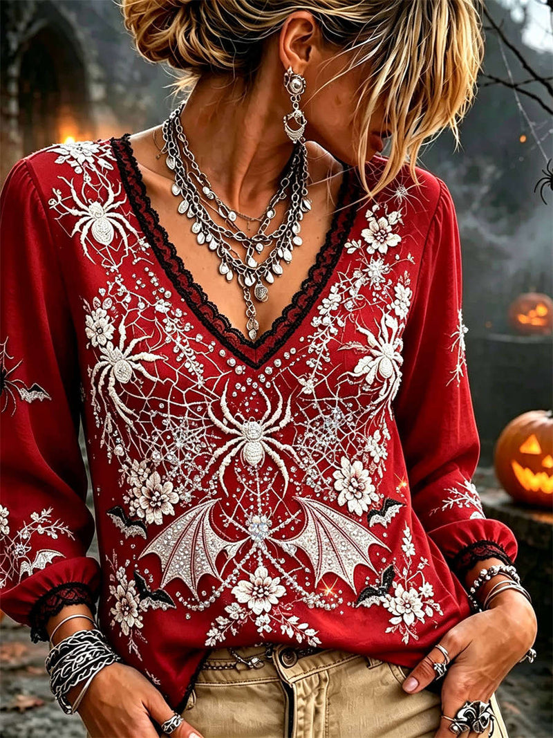 Women's Halloween Red Spider Bat Floral Print V Neck Long Sleeve Blouse