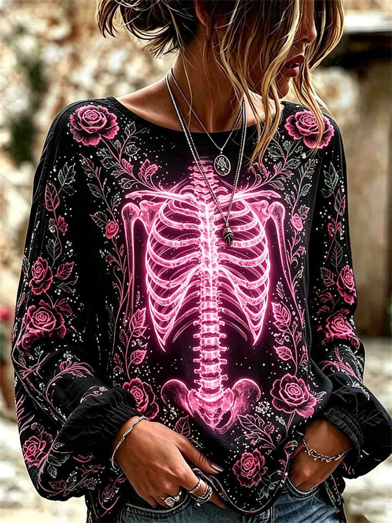 Women's Halloween Black Pink Skeleton Rose Floral Print Round Neck Long Sleeve Blouse