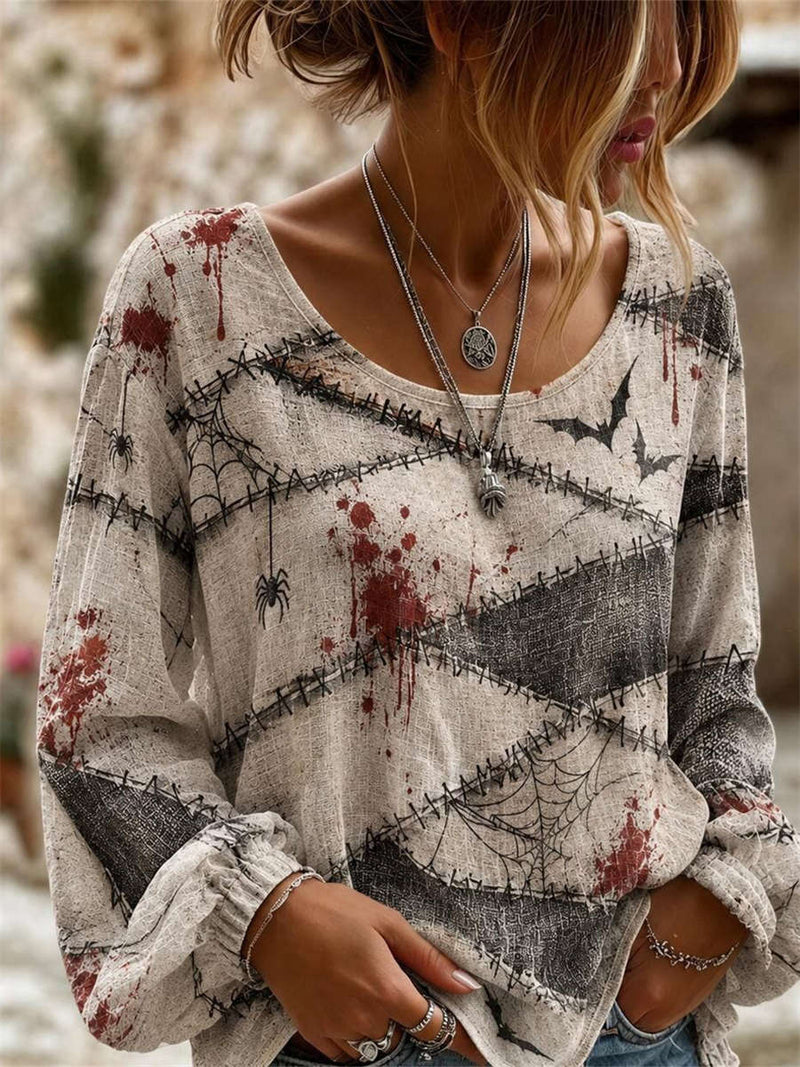 Women's Halloween Beige Spider Web Bat Blood Splash Print Scoop Neck Long Sleeve Blouse