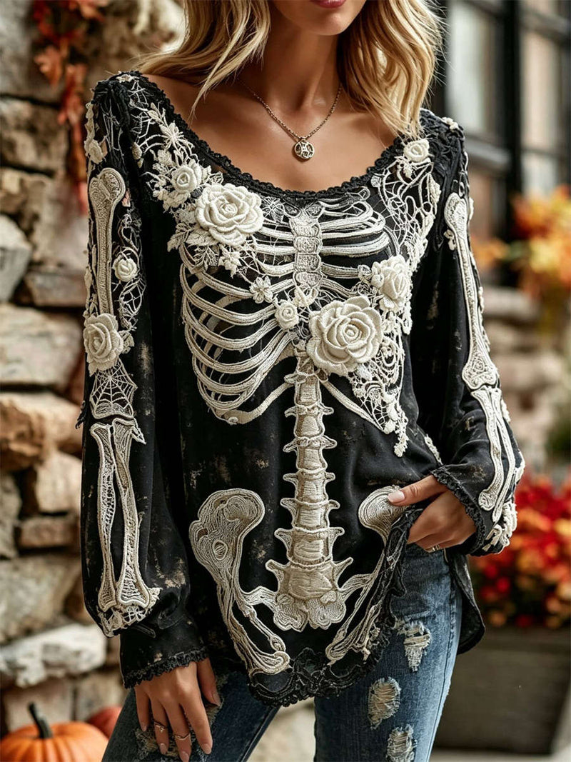 Women's Halloween Black Skeleton Rose Floral Lace Print Scoop Neck Long Sleeve Blouse