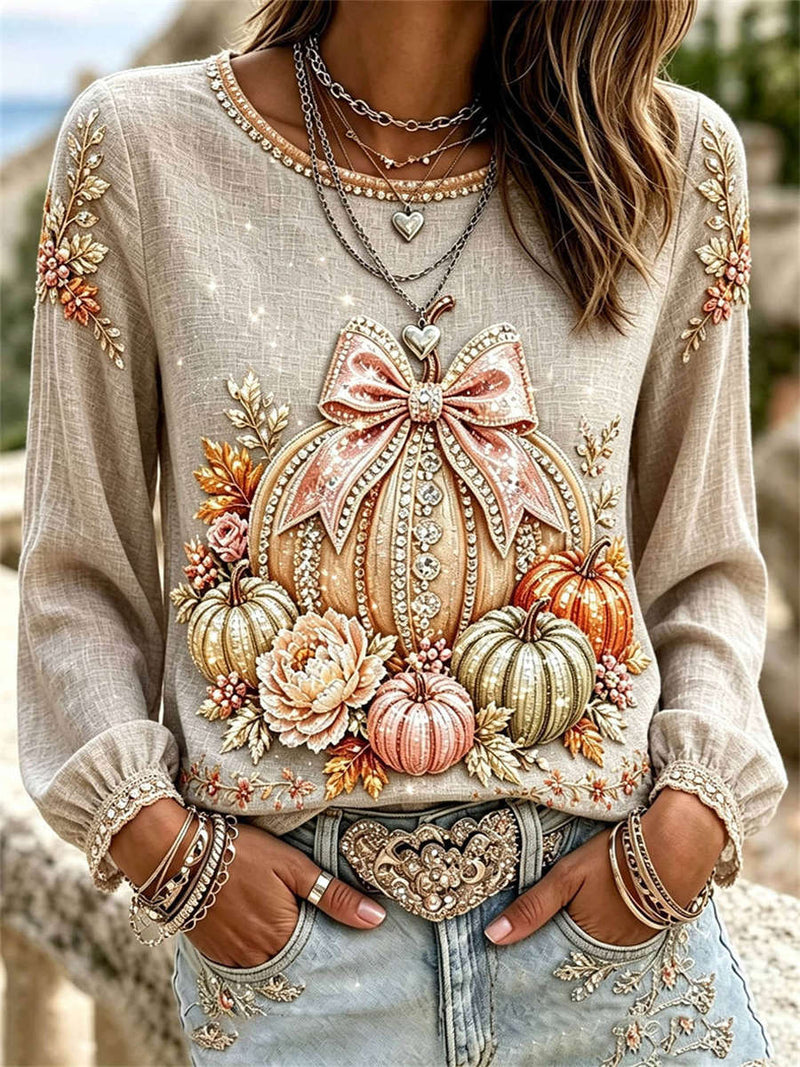 Women's Halloween Grey Pumpkin Bow Floral Print Round Neck Long Sleeve Blouse
