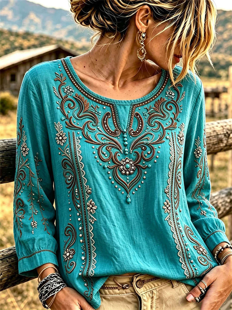 Women's Turquoise Ethnic Floral Print Round Neck Long Sleeve Blouse