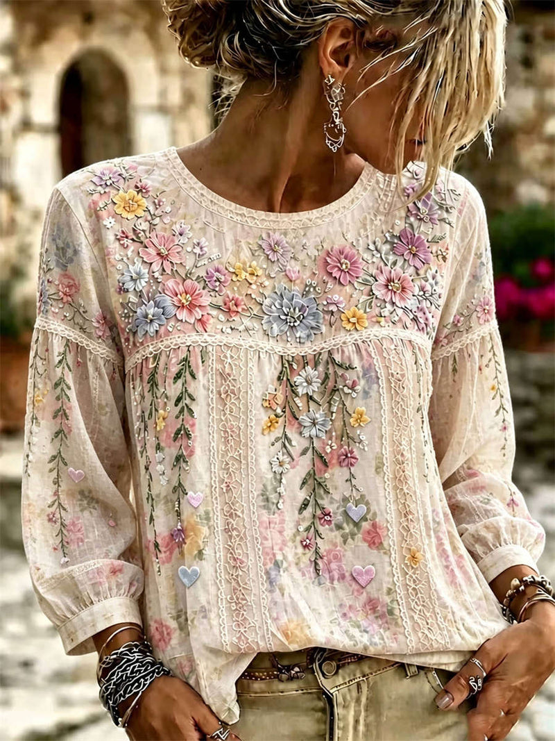 Women's Multi Floral Lace Print Round Neck Long Sleeve Blouse