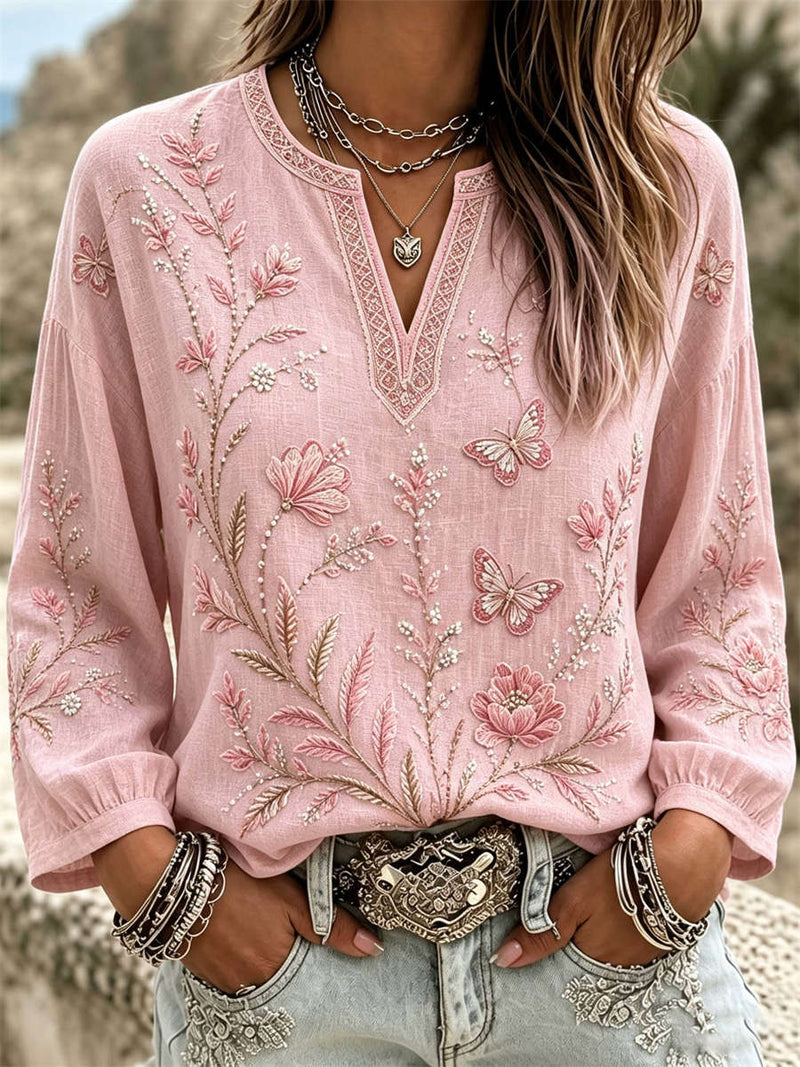 Women's Pink Floral Butterfly Print Notch Neck Long Sleeve Blouse
