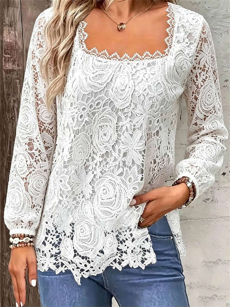 Women's White Floral Lace Print Square Neck Long Sleeve Blouse