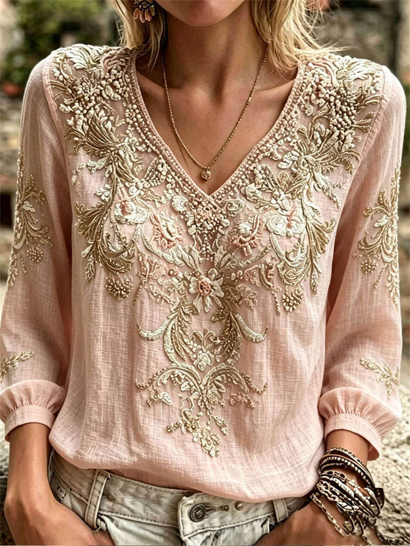 Women's Light Pink Vintage Floral Print V Neck Long Sleeve Blouse