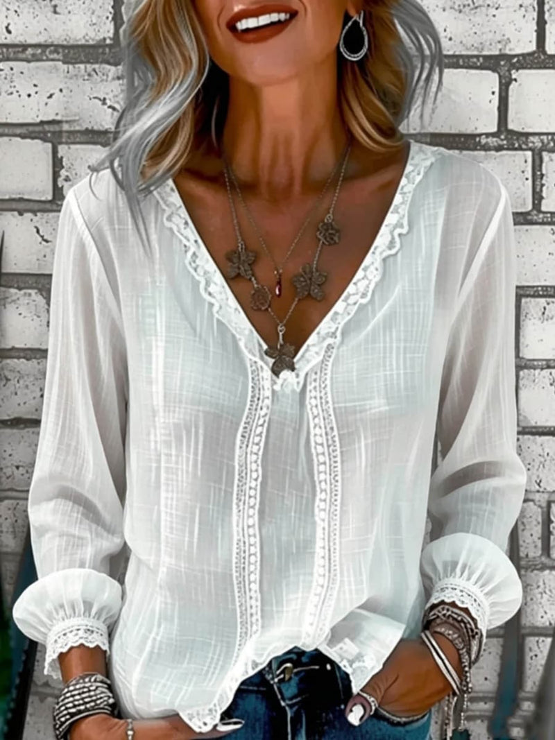 Women's White Lace Trim V Neck Long Sleeve Blouse