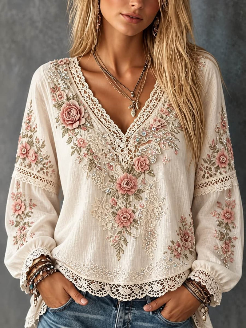 Women's Beige Floral Lace Splicing V Neck Long Sleeve Blouse