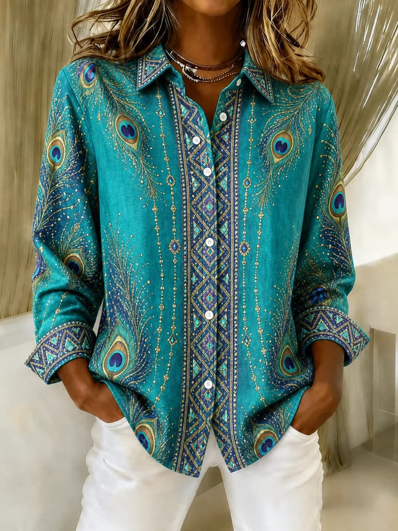 Women's Teal Peacock Feather Geometric Print Lapel Collar Long Sleeve Shirt
