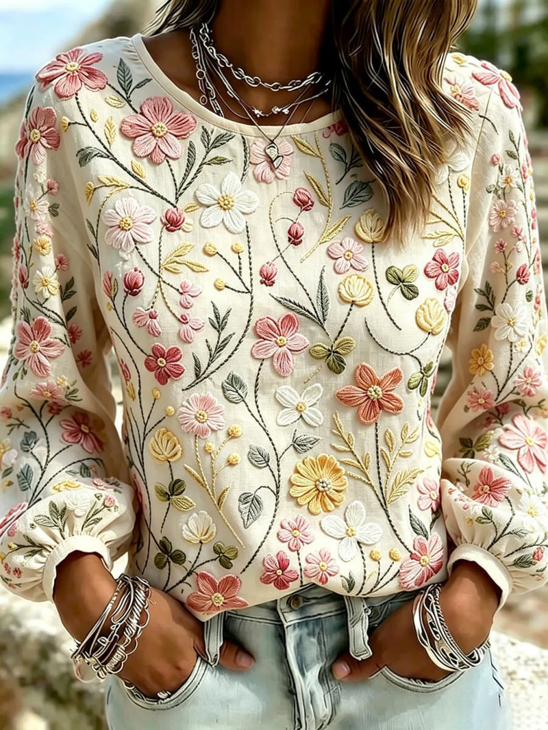 Women's Cream Multi Floral Leaf Print Round Neck Long Sleeve Blouse