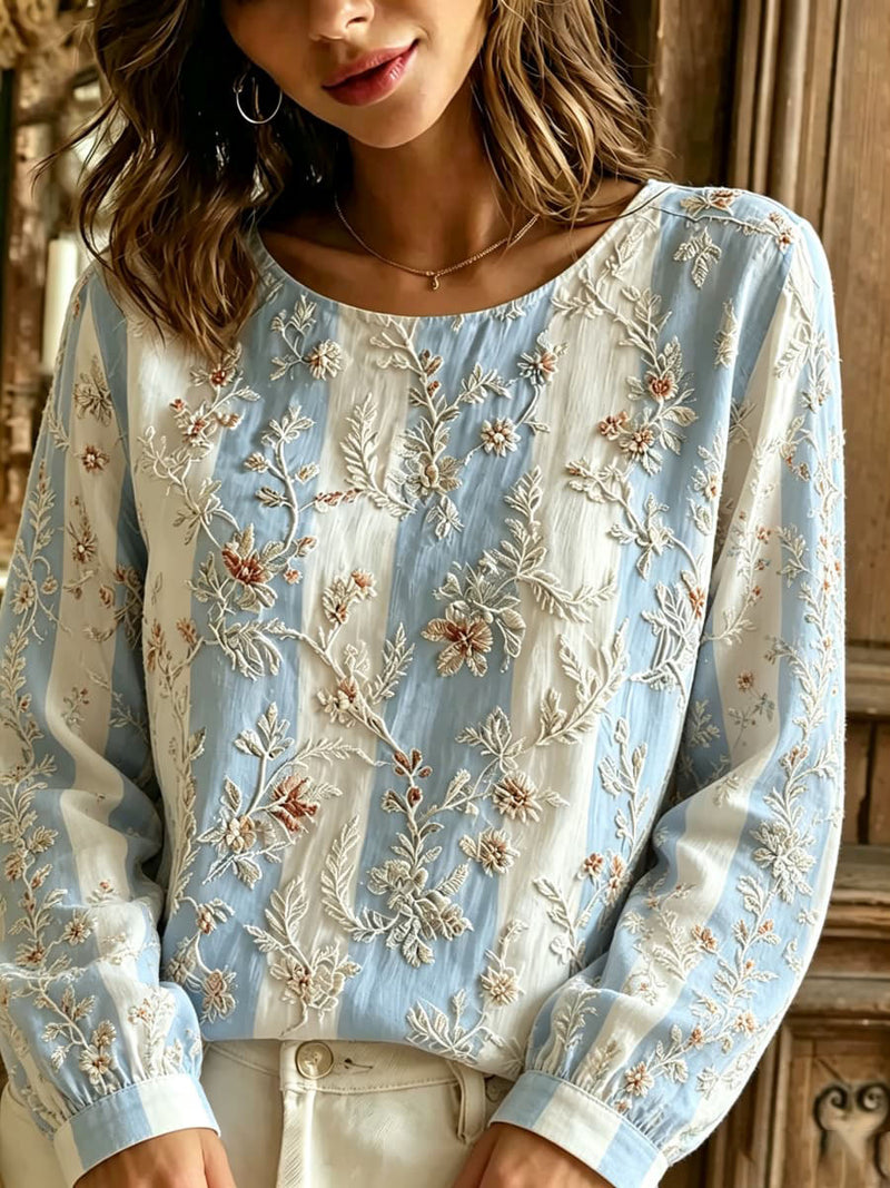 Women's Light Blue White Stripe Floral Leaf Print Round Neck Long Sleeve Blouse