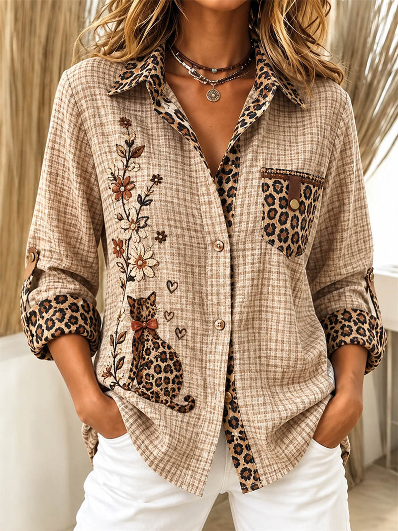 Women's Khaki Plaid Leopard Cat Floral Print Turn Down Collar Long Sleeve Shirt