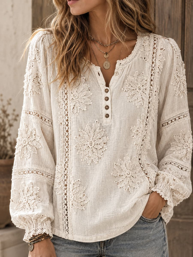 Women's Off White Floral Hollow Lace Button Round Neck Long Sleeve Blouse