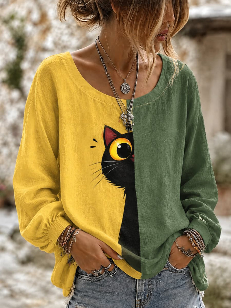 Women's Yellow Green Color Block Peeking Cat Print Round Neck Long Sleeve Blouse