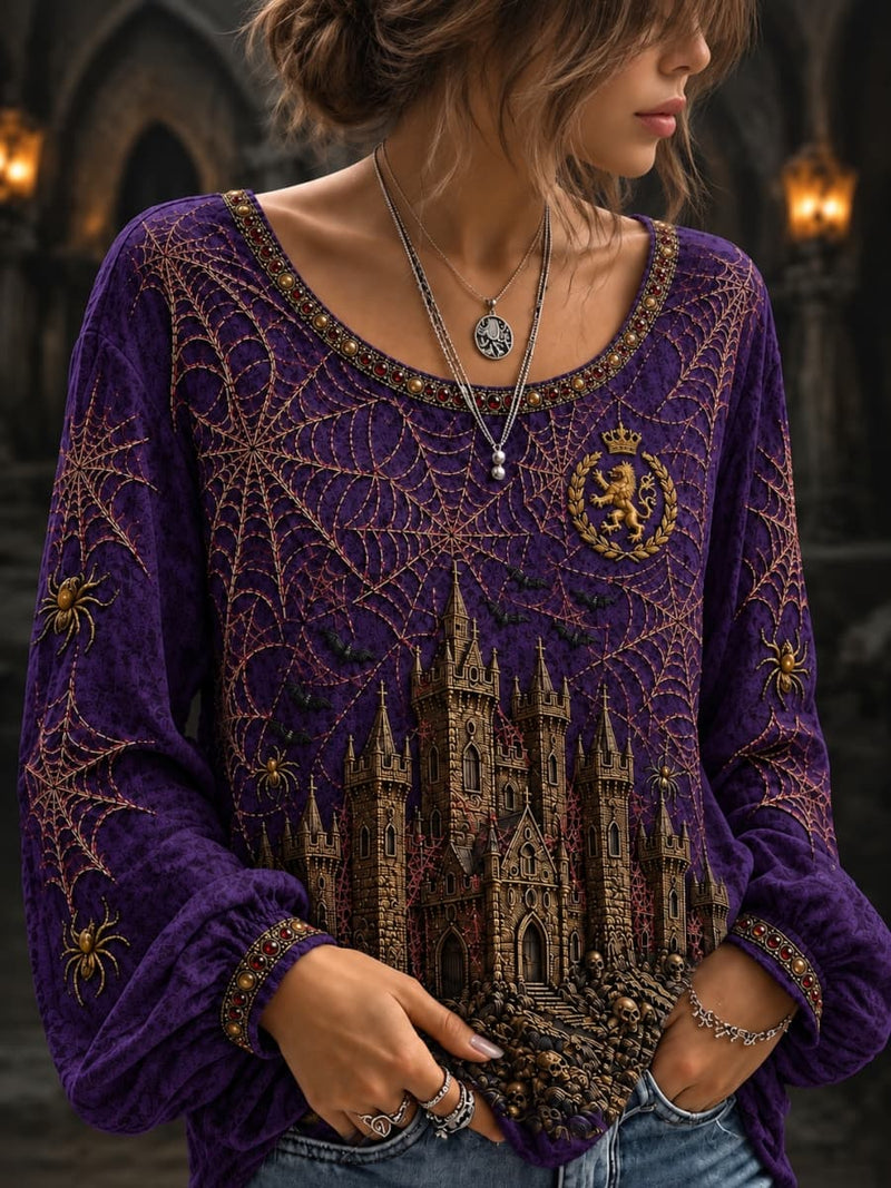 Women's Halloween Purple Castle Spider Web Print Scoop Neck Long Sleeve Blouse