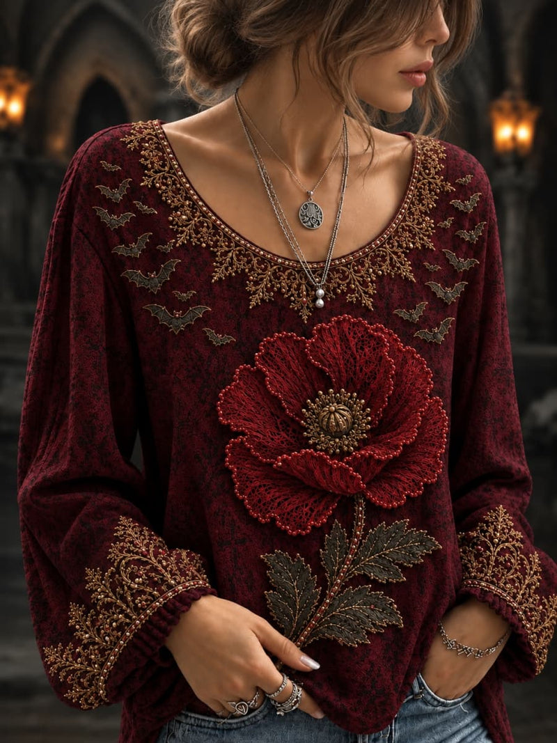 Women's Halloween Burgundy Poppy Bat Print Scoop Neck Long Sleeve Blouse