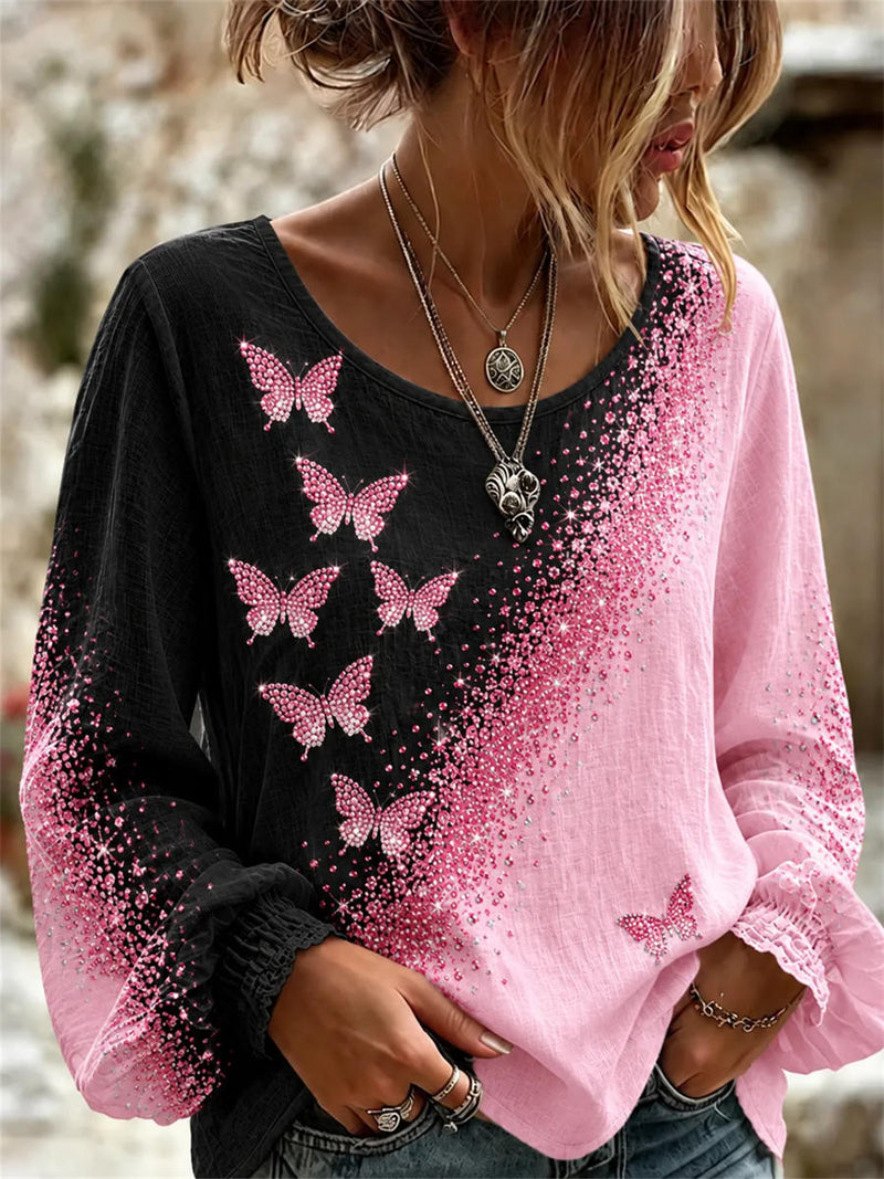 Women's Black Pink Color Block Butterfly Print Scoop Neck Long Sleeve Blouse