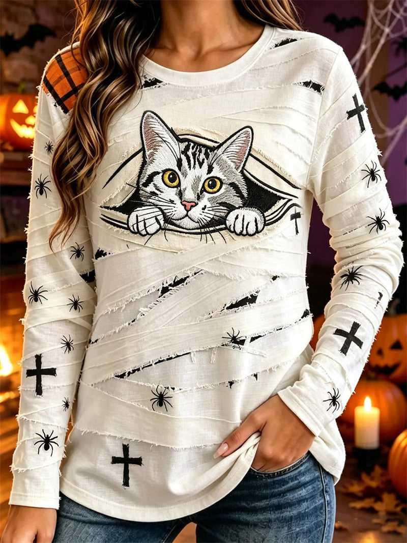 Women's Halloween White Mummy Bandage Cat Print Round Neck Long Sleeve Top