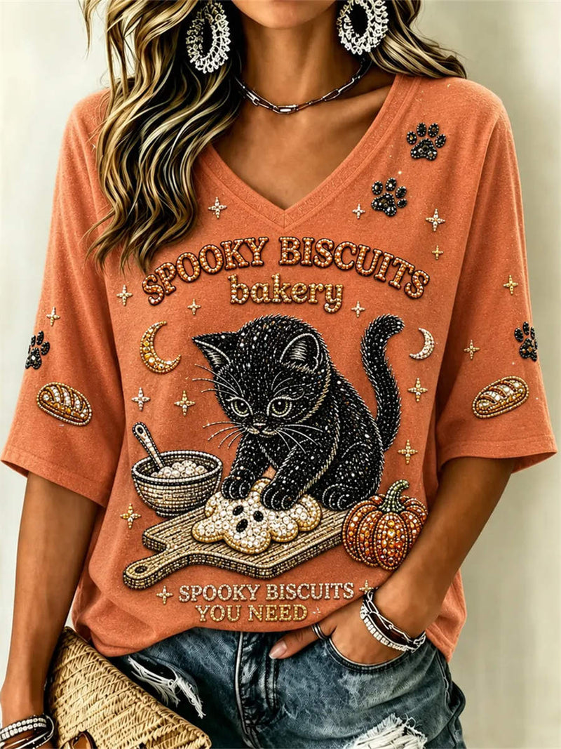 Women's Halloween Orange Black Cat Pumpkin Print V Neck 3/4 Sleeve Blouse