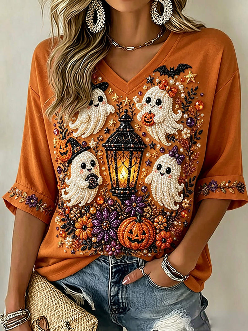 Women's Halloween Orange Ghost Pumpkin Print V Neck 3/4 Sleeve Blouse