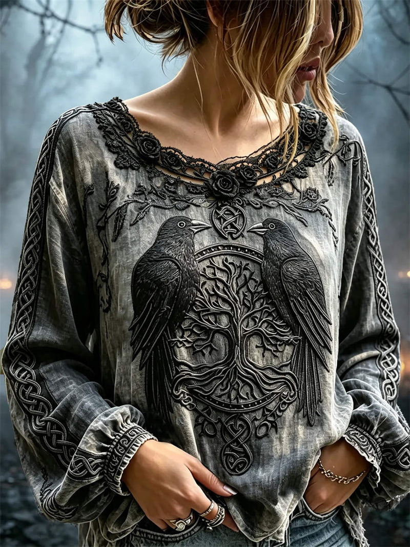 Women's Halloween Grey Raven Tree Of Life Lace Round Neck Long Sleeve Blouse