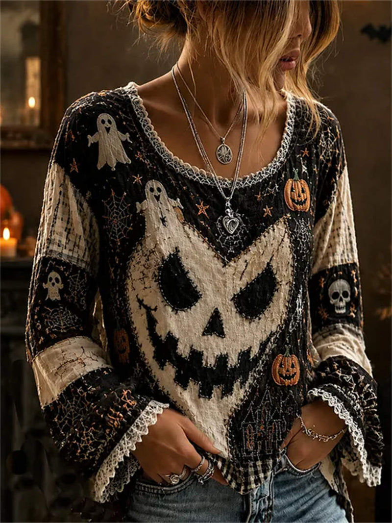 Women's Halloween Black Beige Pumpkin Ghost Print Lace Round Neck Long Sleeve Blouse