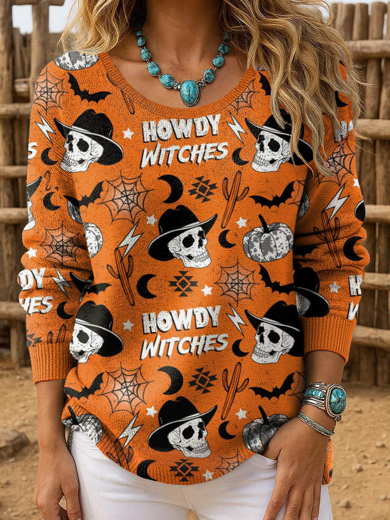 Women's Halloween Orange Skull Bat Print Round Neck Long Sleeve Blouse