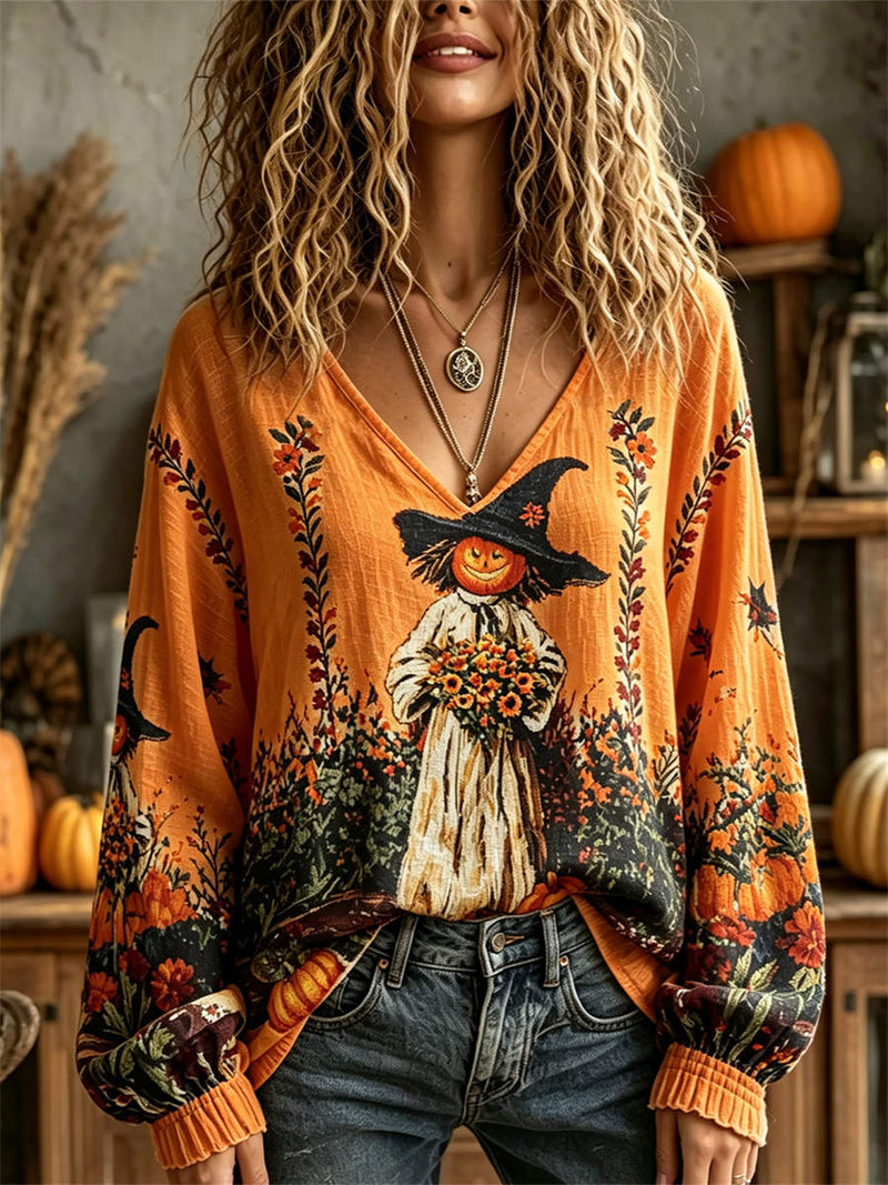 Women's Halloween Orange Pumpkin Witch Floral Print V Neck Long Sleeve Blouse