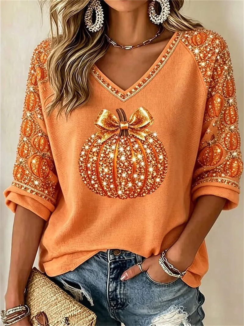 Women's Halloween Orange Bow Pumpkin Print V Neck 3/4 Sleeve Blouse