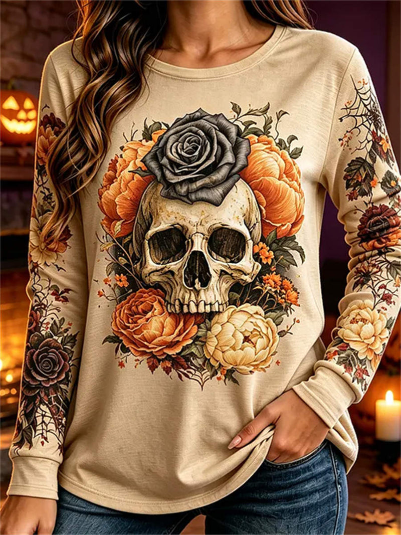 Women's Halloween Beige Skull Floral Print Round Neck Long Sleeve Top
