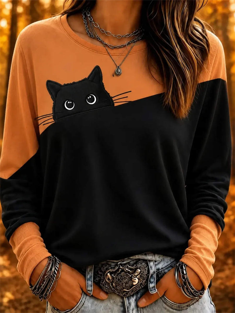 Women's Black Orange Color Block Cat Print Round Neck Long Sleeve Top